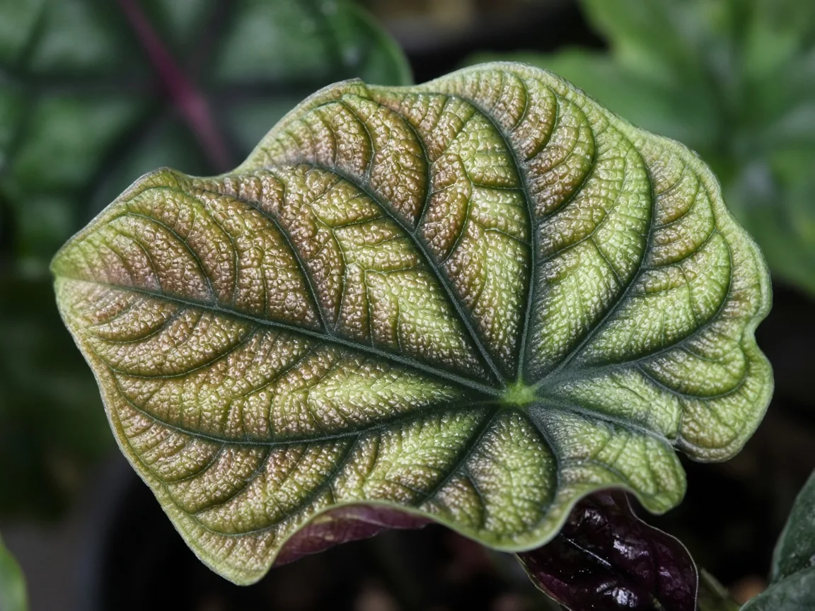 Close-up of interveinal chlorosis on new Alocasia Cuprea mirror leaf