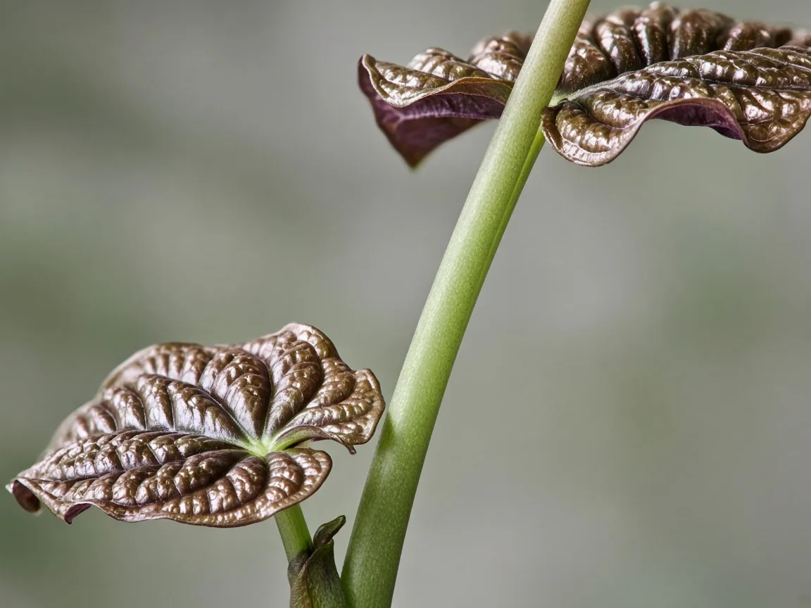Close-up of leggy growth on Alocasia Cuprea - elongated petiole with wide gap before a small copper bullate mirror leaf