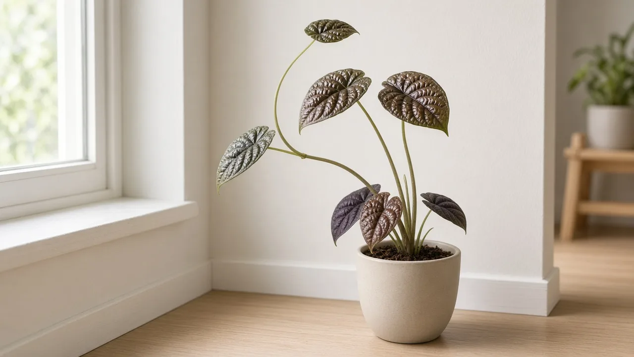 Leggy growth on Alocasia Cuprea - compact jewel alocasia leaning toward window with long bare petioles between small copper mirror leaves