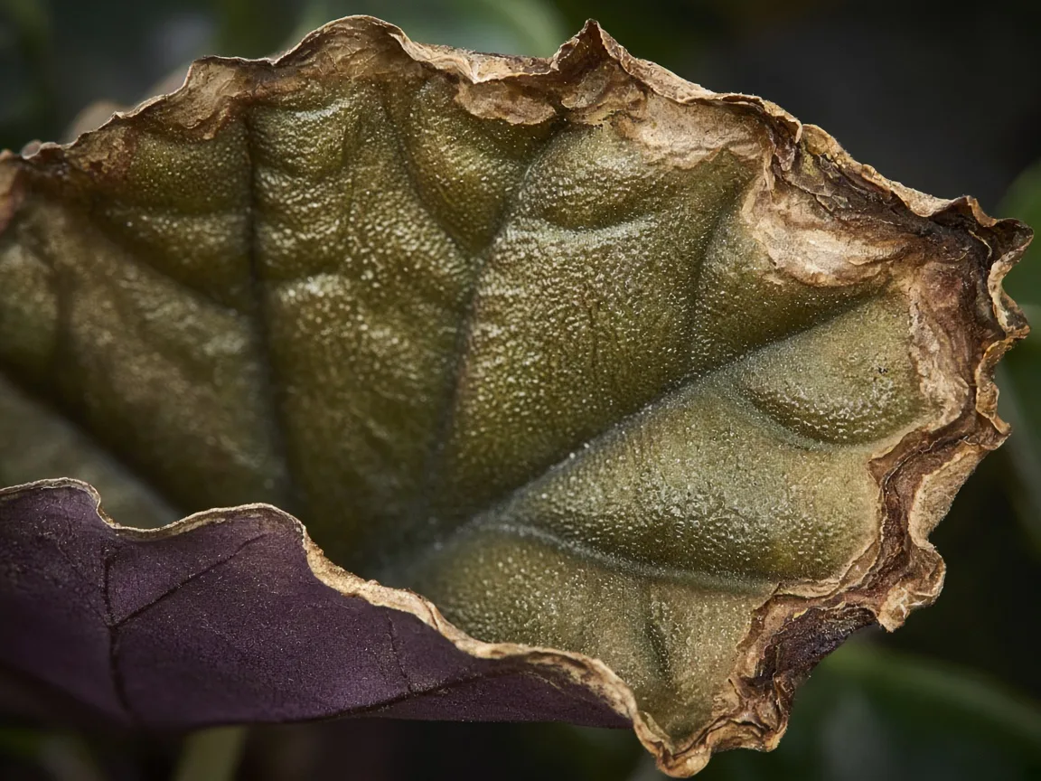 Close-up of low humidity on Alocasia Cuprea mirror leaves