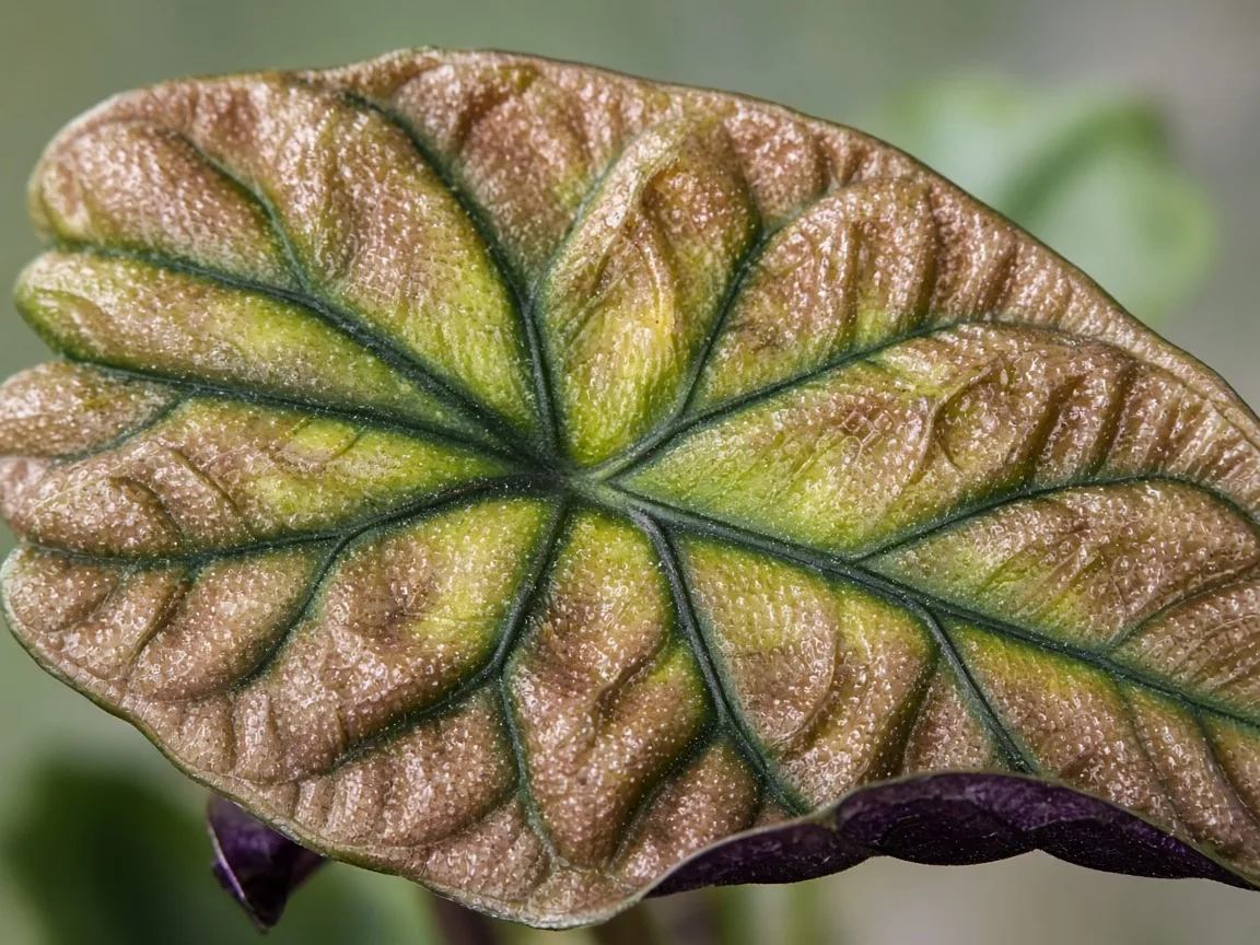 Close-up of interveinal chlorosis on older Alocasia Cuprea mirror leaf
