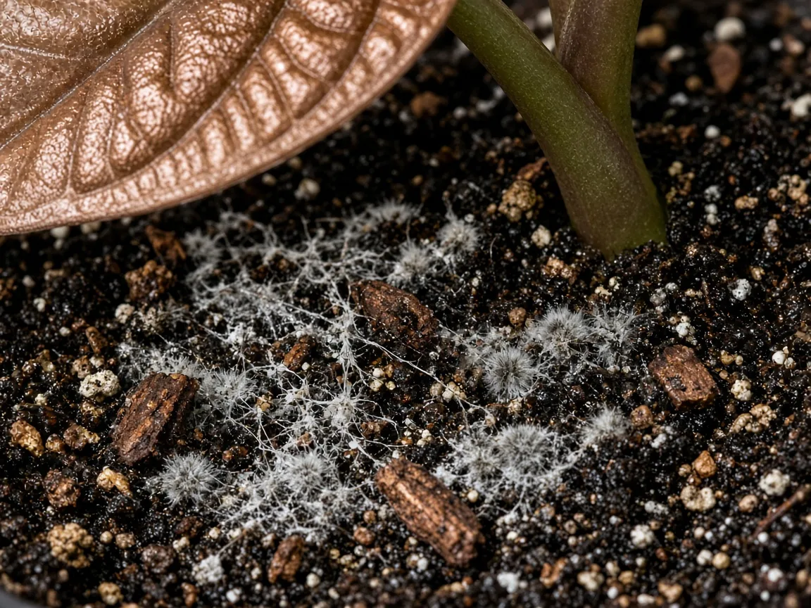 Close-up of white fuzzy mold on damp potting mix at the base of Alocasia Cuprea copper mirror leaves
