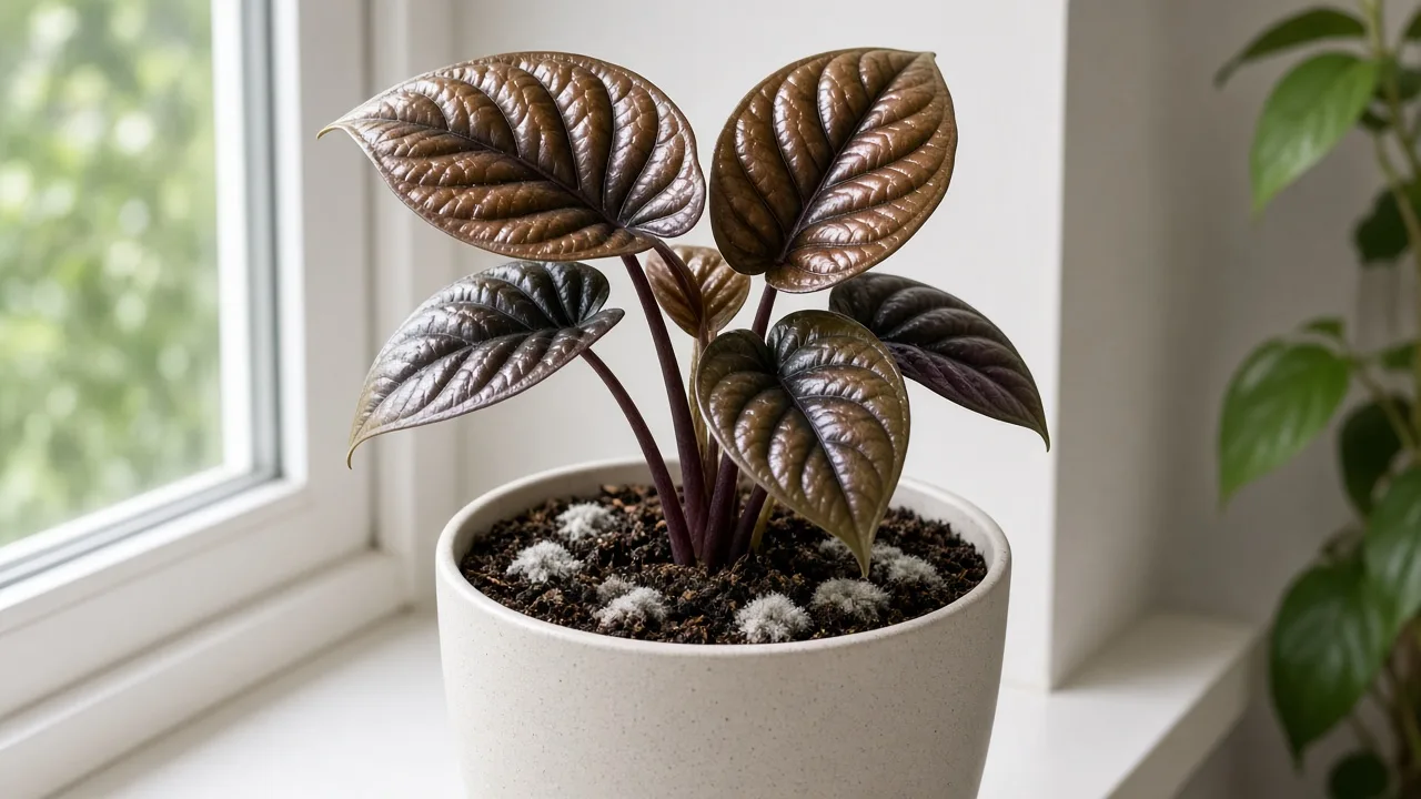 Mold on soil on Alocasia Cuprea - white fuzzy growth on damp aroid mix at the base of copper-bronze mirror leaves