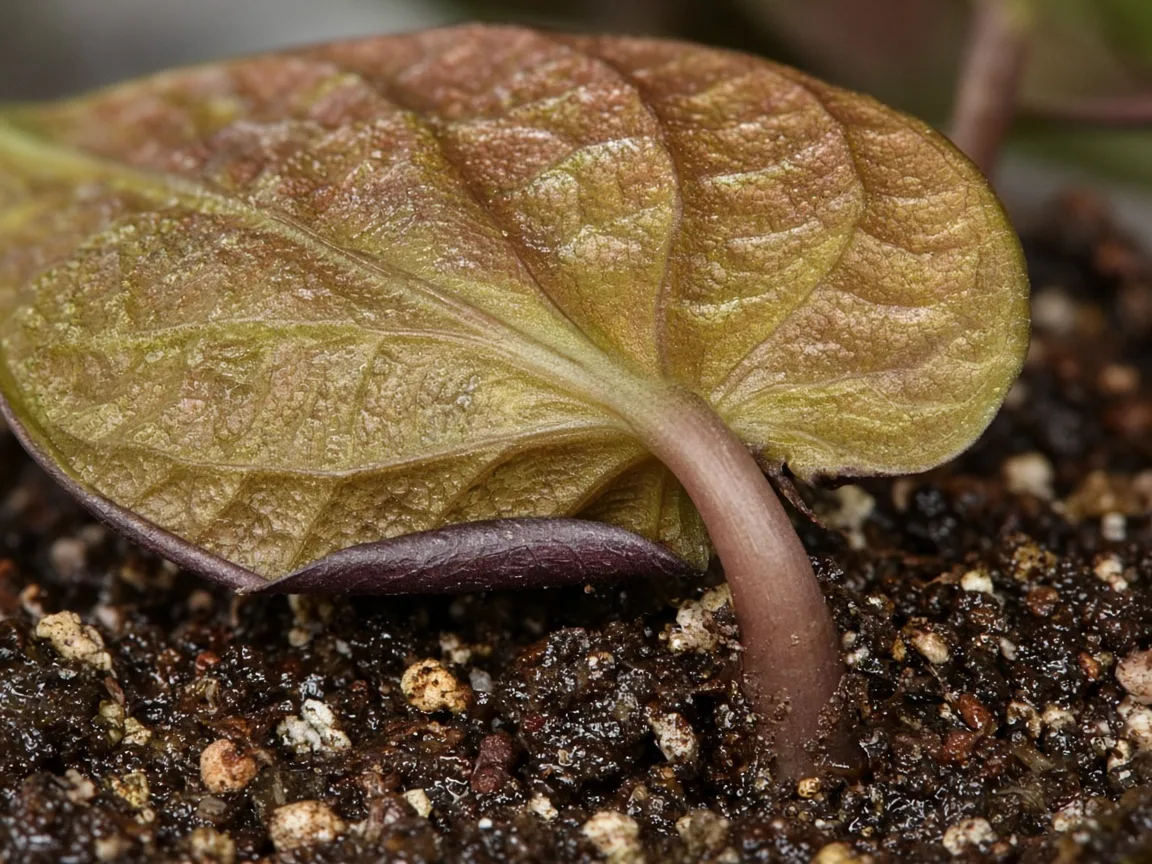 Close-up of overwatered Alocasia Cuprea - yellow lower mirror leaf and soft petiole base on damp mix