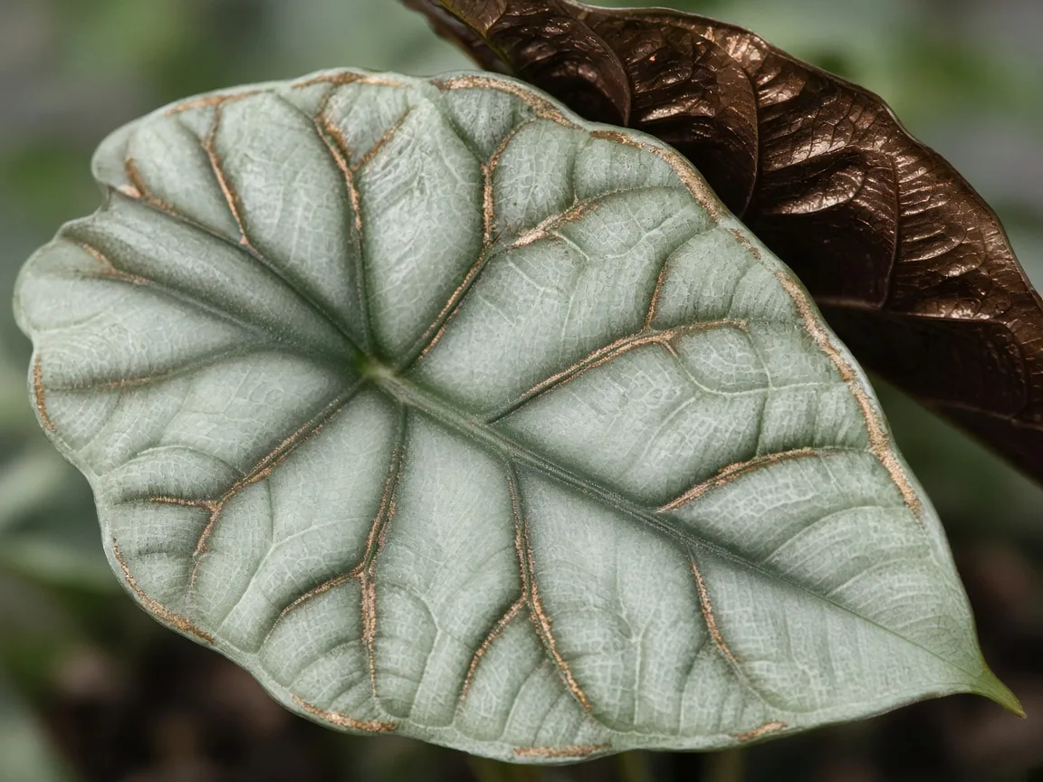 Close-up of washed-out pale color on Alocasia Cuprea mirror leaf