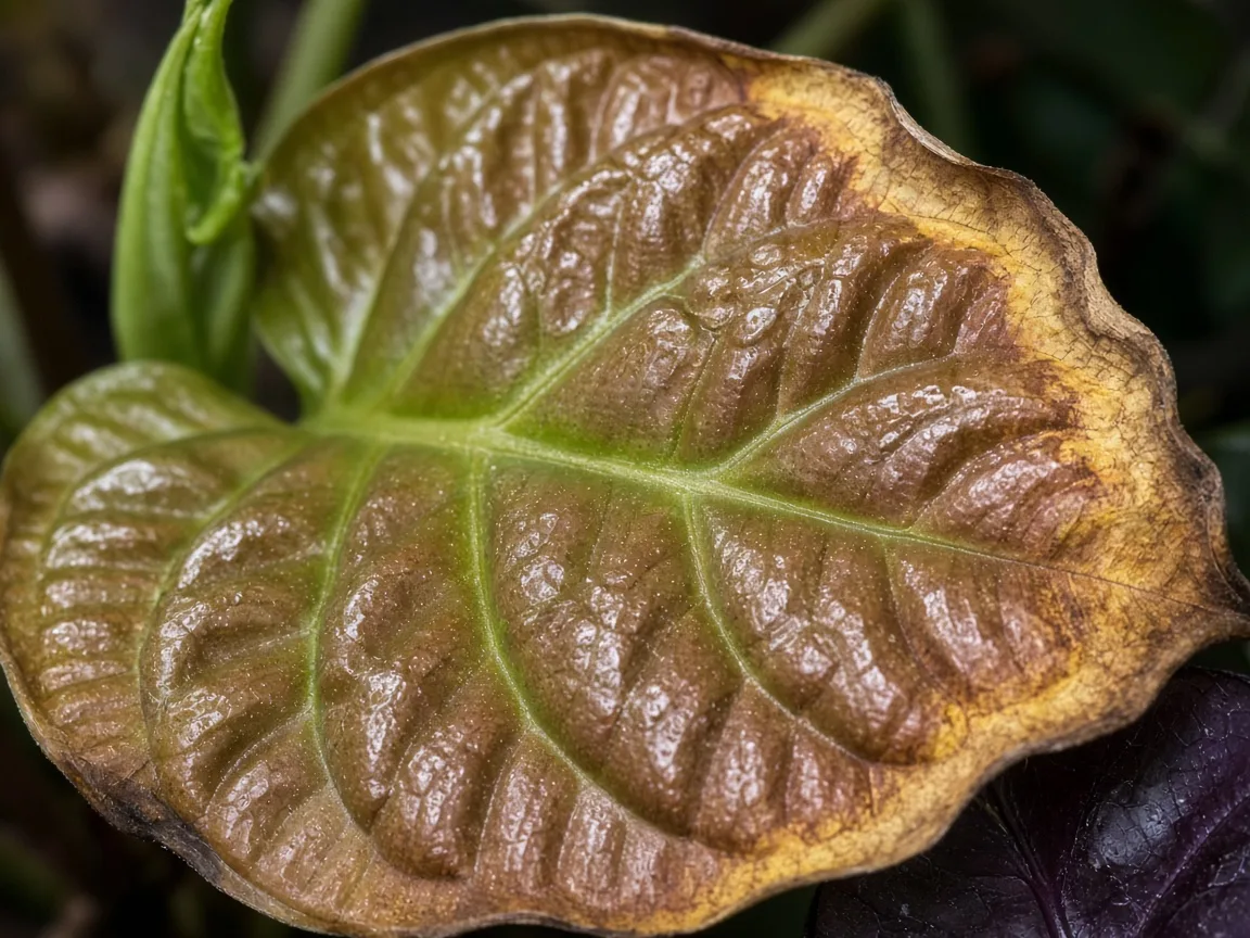 Close-up of scorched margin on older Alocasia Cuprea copper-bronze mirror leaf