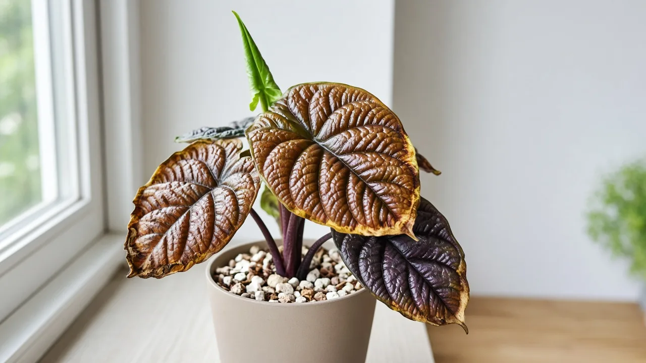 Potassium deficiency on Alocasia Cuprea - scorched margins on older copper-bronze mirror leaves with greener new spear at crown