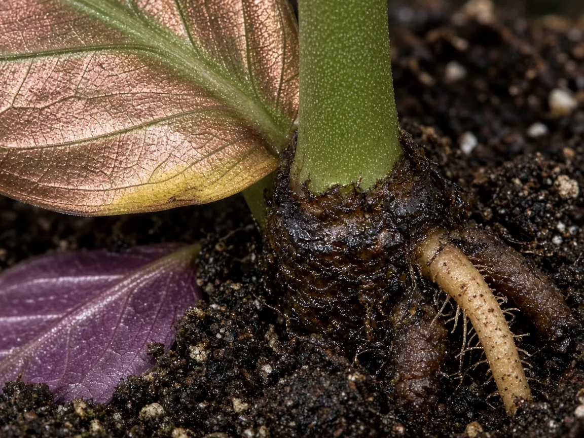 Close-up of root rot on Alocasia Cuprea — mushy petiole base and discolored roots