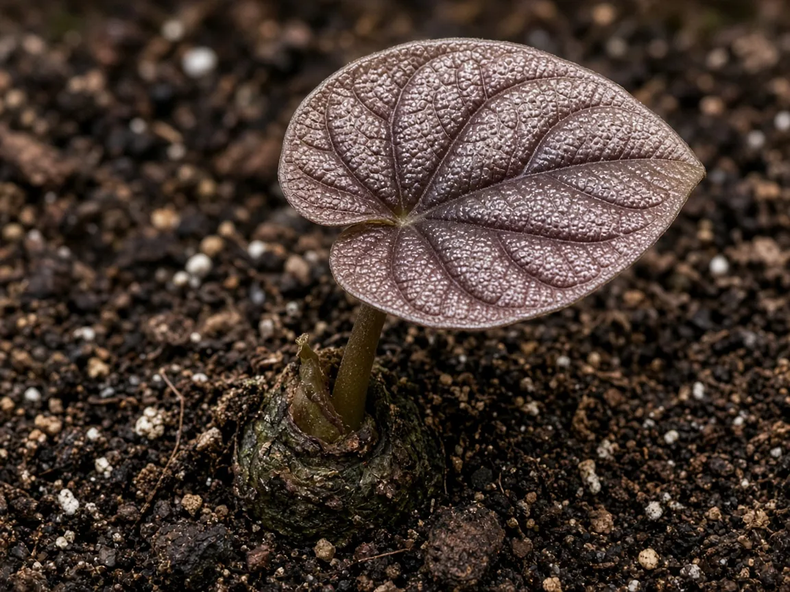Close-up of slow growth on Alocasia Cuprea - single small copper mirror leaf on short petiole with no new unfurling blade at the crown