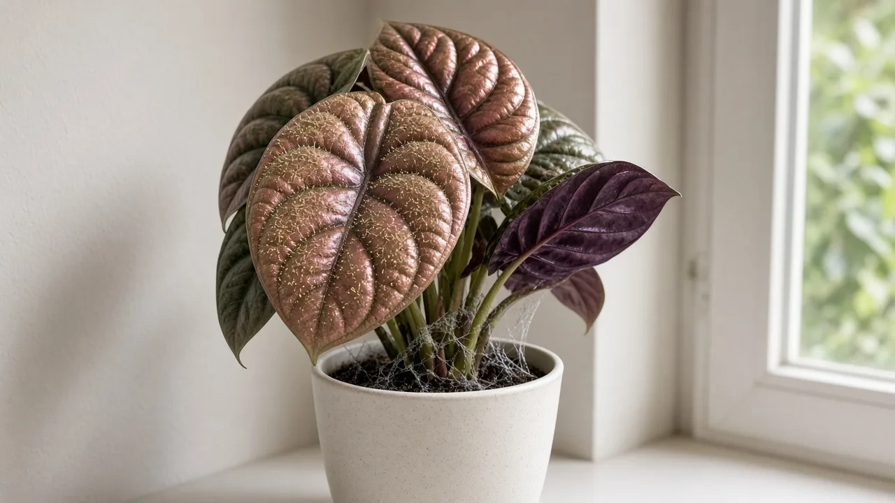 Spider mites on Alocasia Cuprea - pale stippling on metallic copper-bronze mirror leaves with fine webbing on dark purple undersides