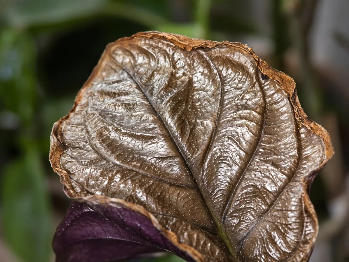 Close-up of cupped copper mirror leaves with crisp brown edges on Alocasia Cuprea
