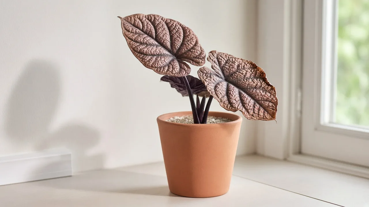Underwatering on Alocasia Cuprea - cupped copper mirror leaves with crisp brown edges on a light dry pot