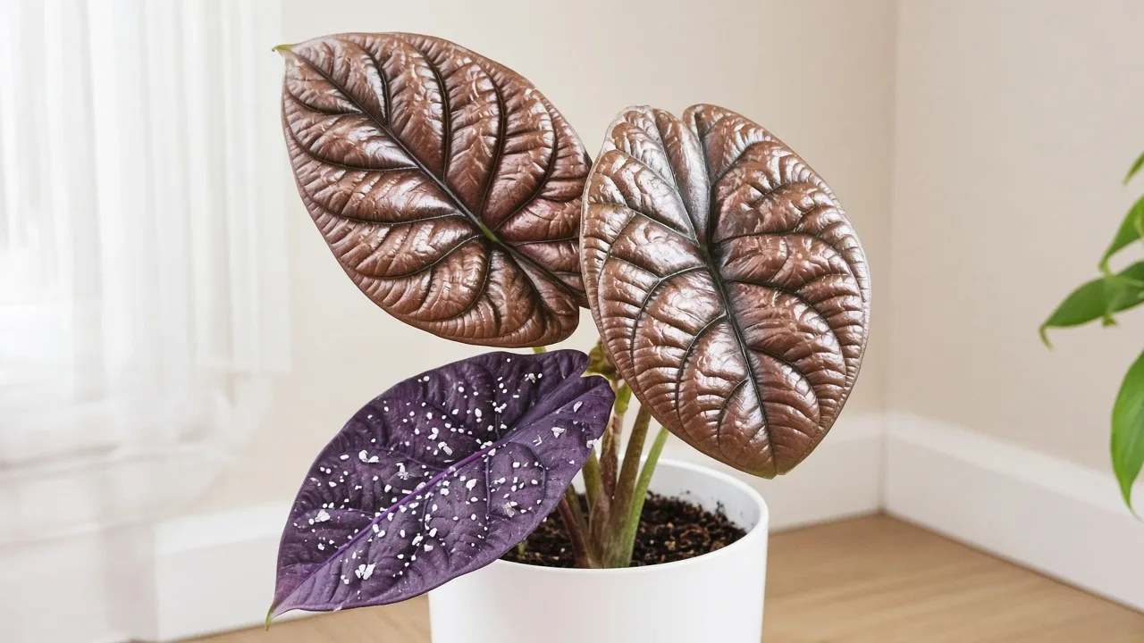 Whiteflies on Alocasia Cuprea - tiny white insects and nymphs on purple leaf undersides of mirror copper foliage
