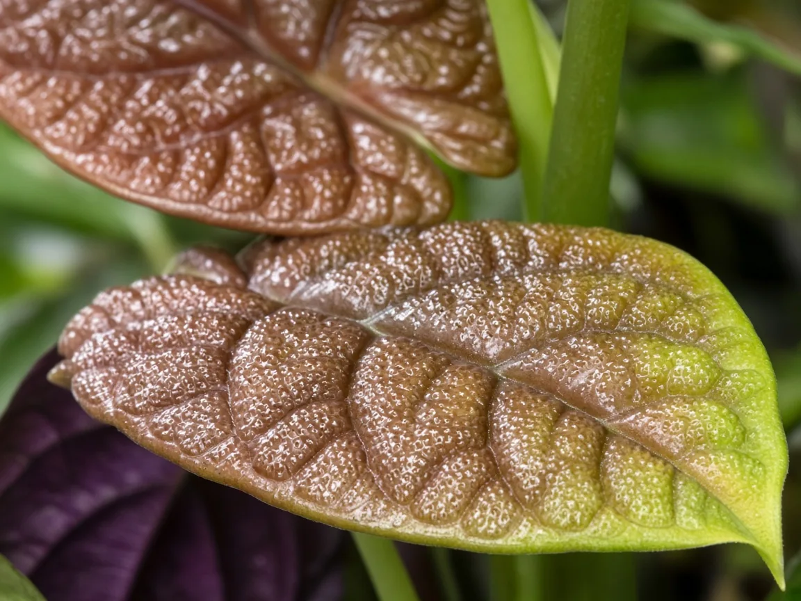 Close-up of yellow leaves on Alocasia Cuprea - fading yellow-green lower mirror leaf beside firm copper upper blade