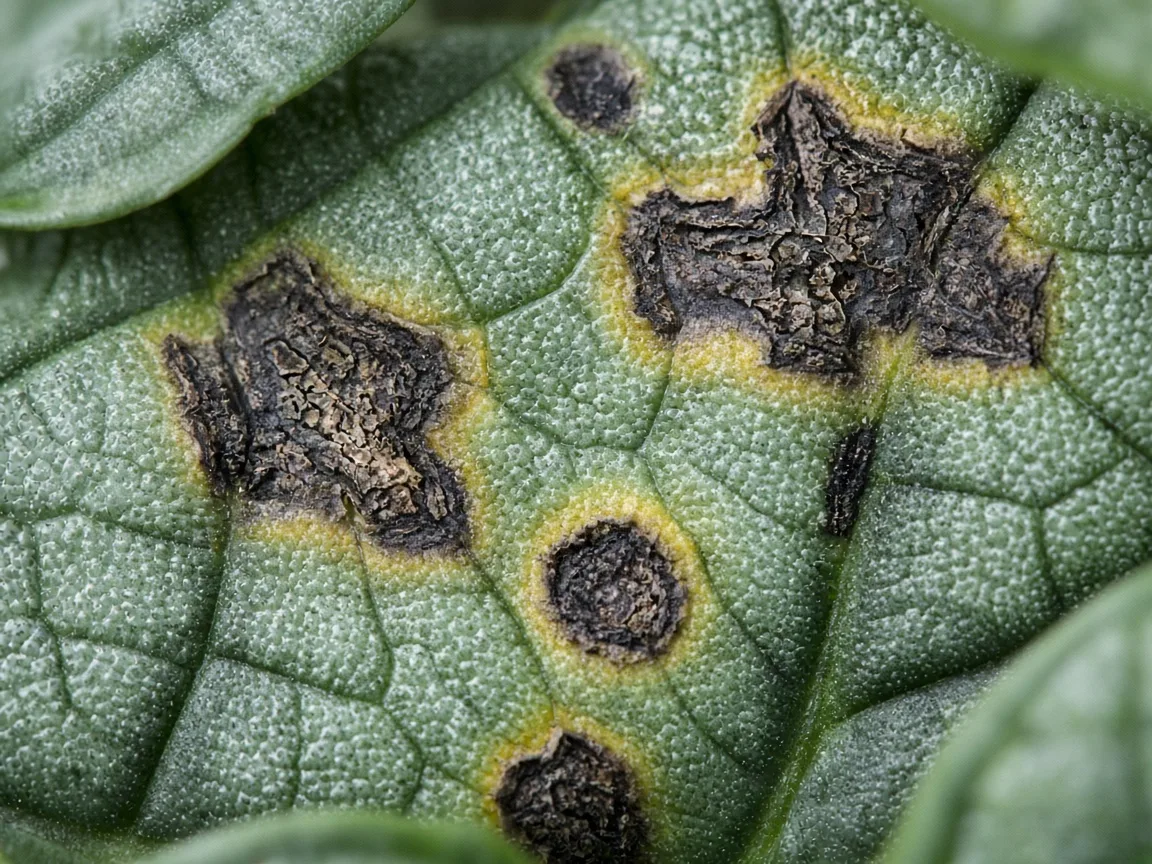 Close-up of black spots on Alocasia Dragon Scale scale-textured leaves