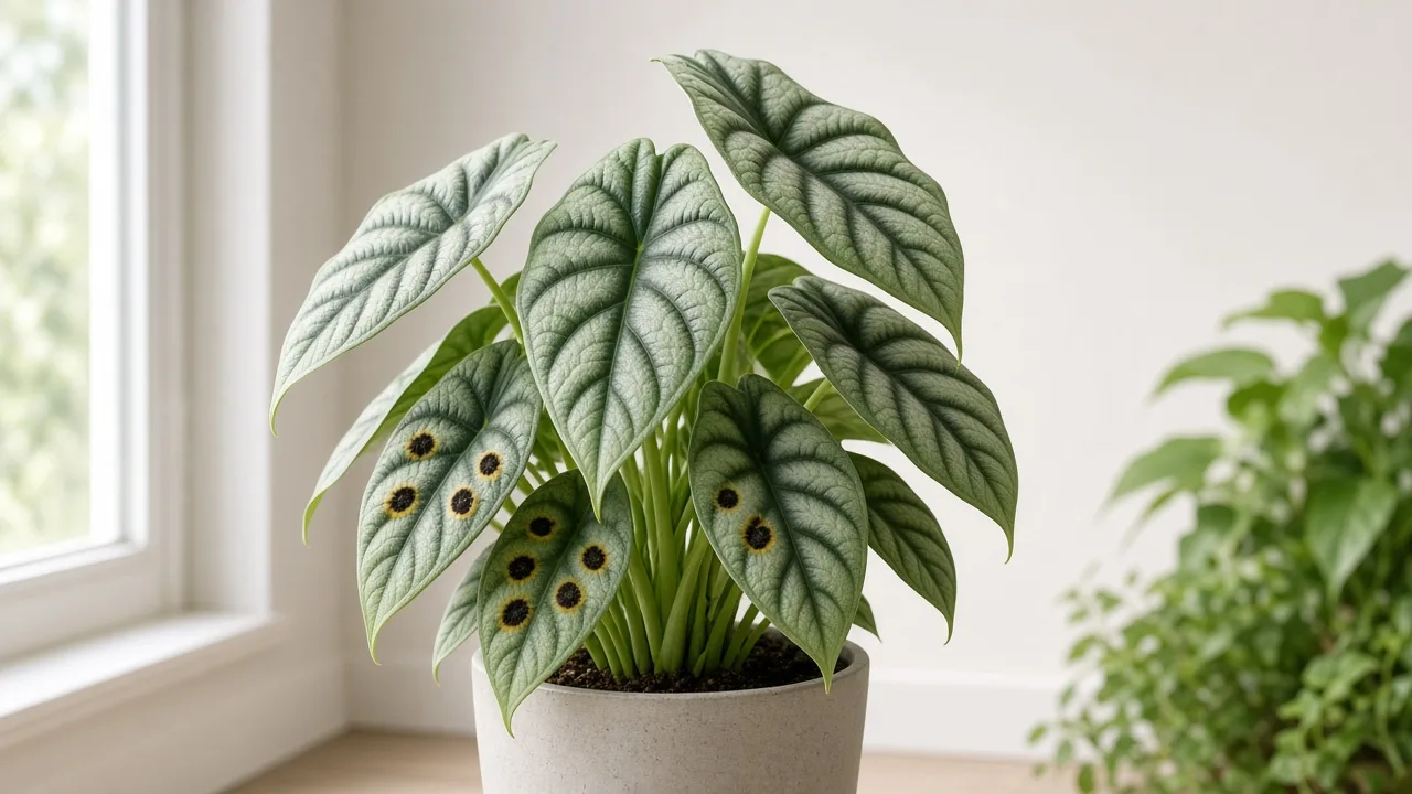 Black Spots on Alocasia Dragon Scale - dark lesions on thick silvery-green scale-textured leaves