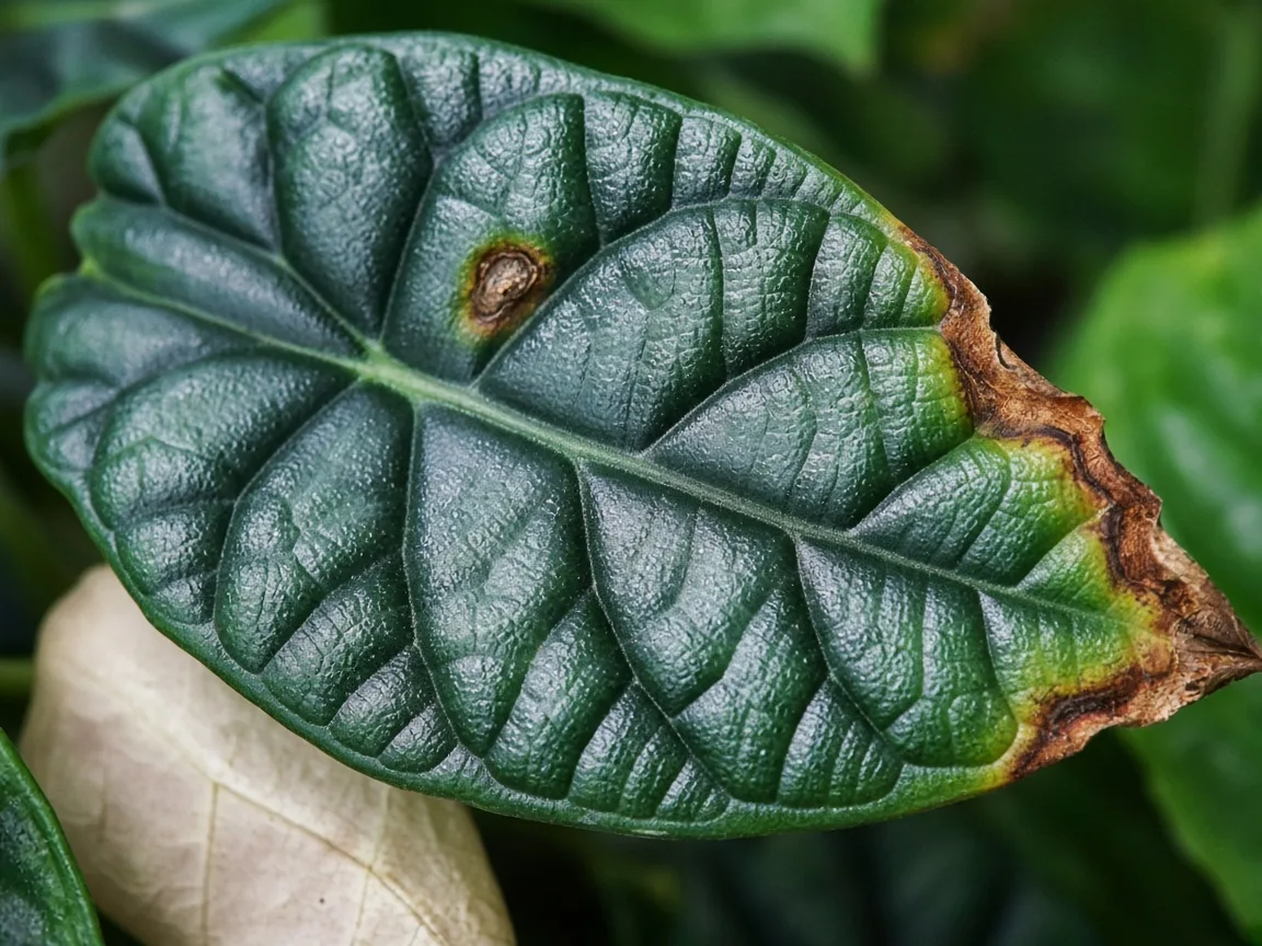 Close-up of Brown Leaves on Alocasia Dragon Scale - diagnostic detail