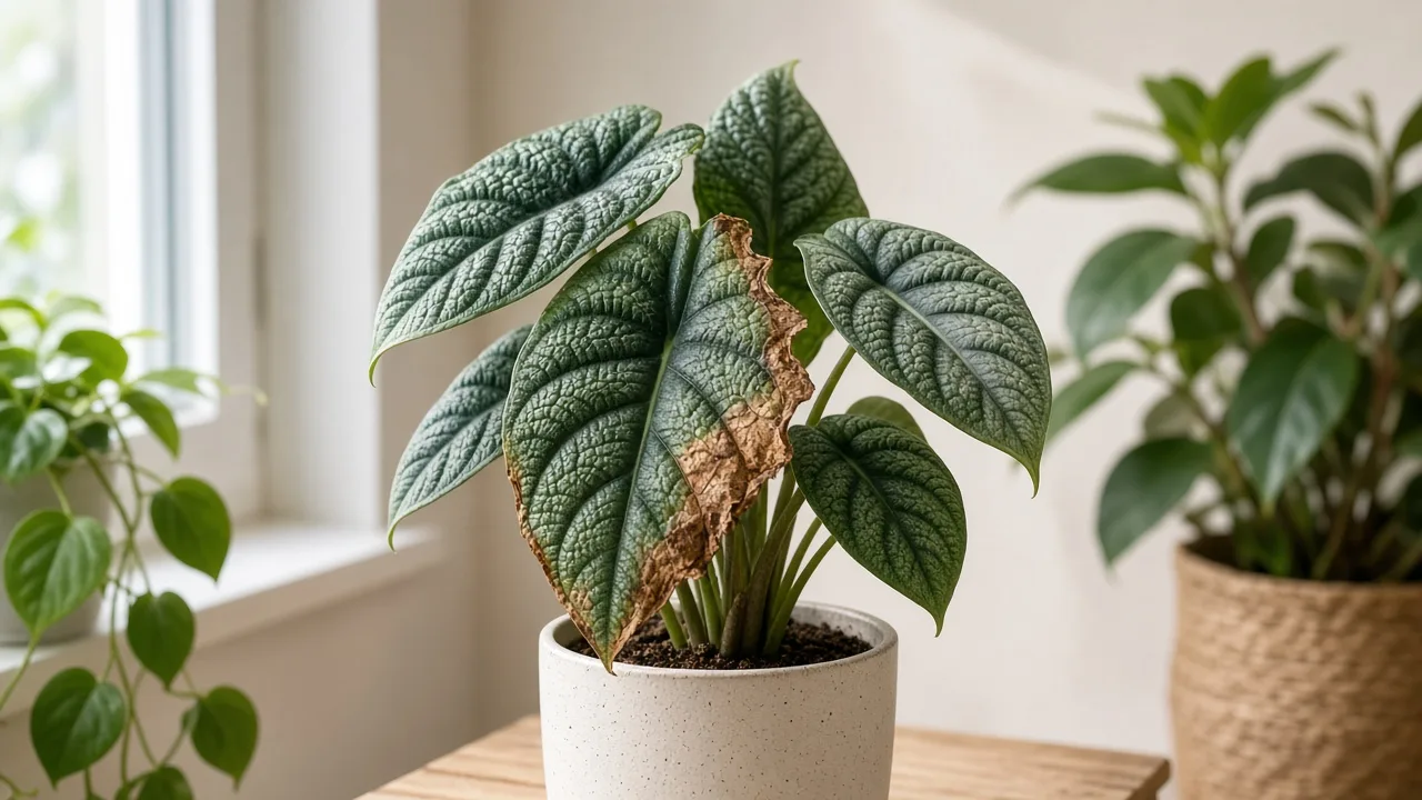 Brown Leaves on Alocasia Dragon Scale - visible symptom on the plant