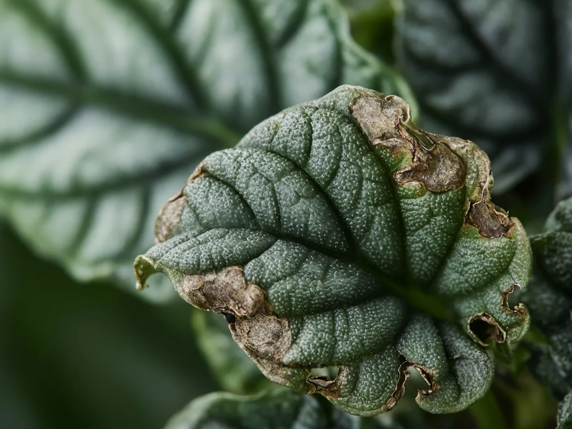 Close-up of calcium deficiency on Alocasia Dragon Scale — distorted quilted new leaf margins