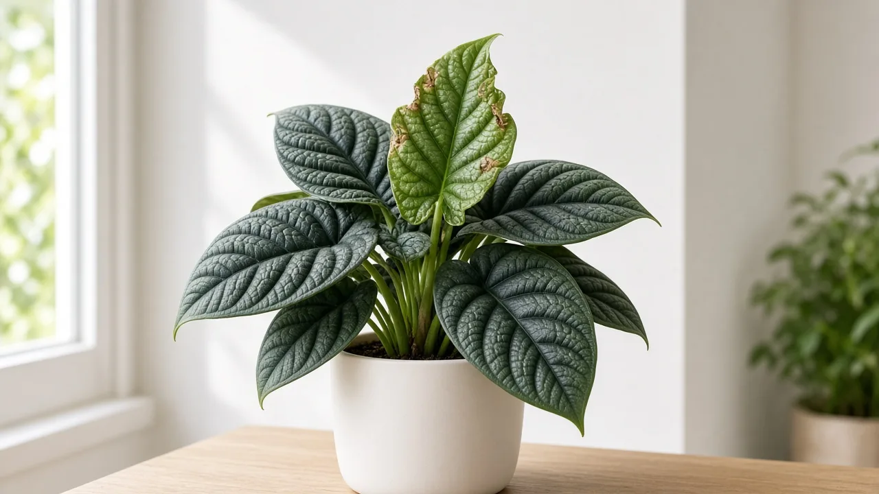 Calcium deficiency on Alocasia Dragon Scale — distorted quilted new leaf with brown margins while older scaled leaves look healthy