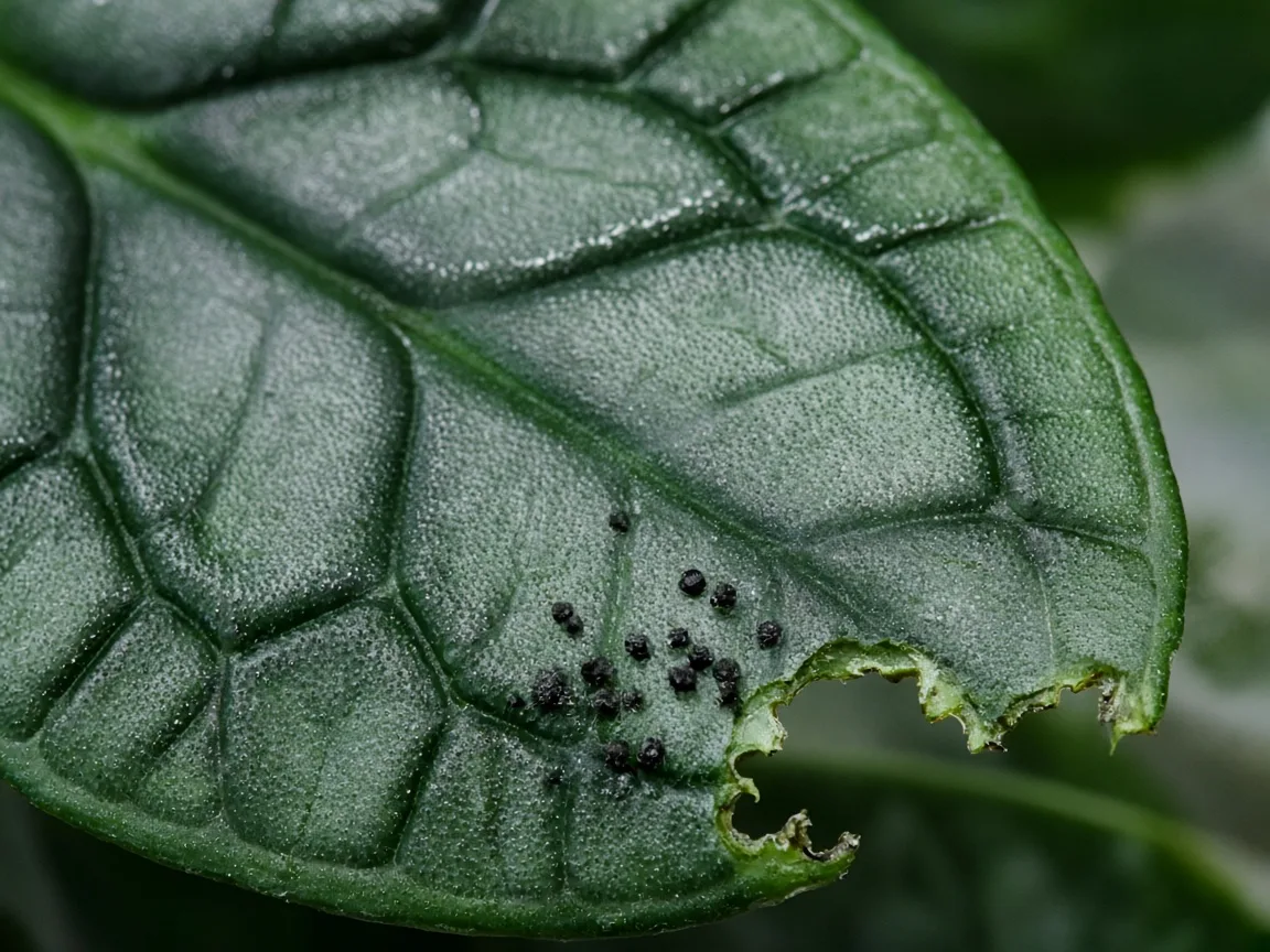 Close-up of caterpillar damage on Alocasia Dragon Scale - ragged chew holes and frass on bullate leaf