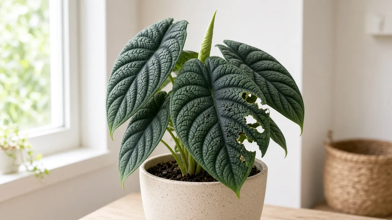 Caterpillars on Alocasia Dragon Scale - ragged chew holes on bullate scaled foliage