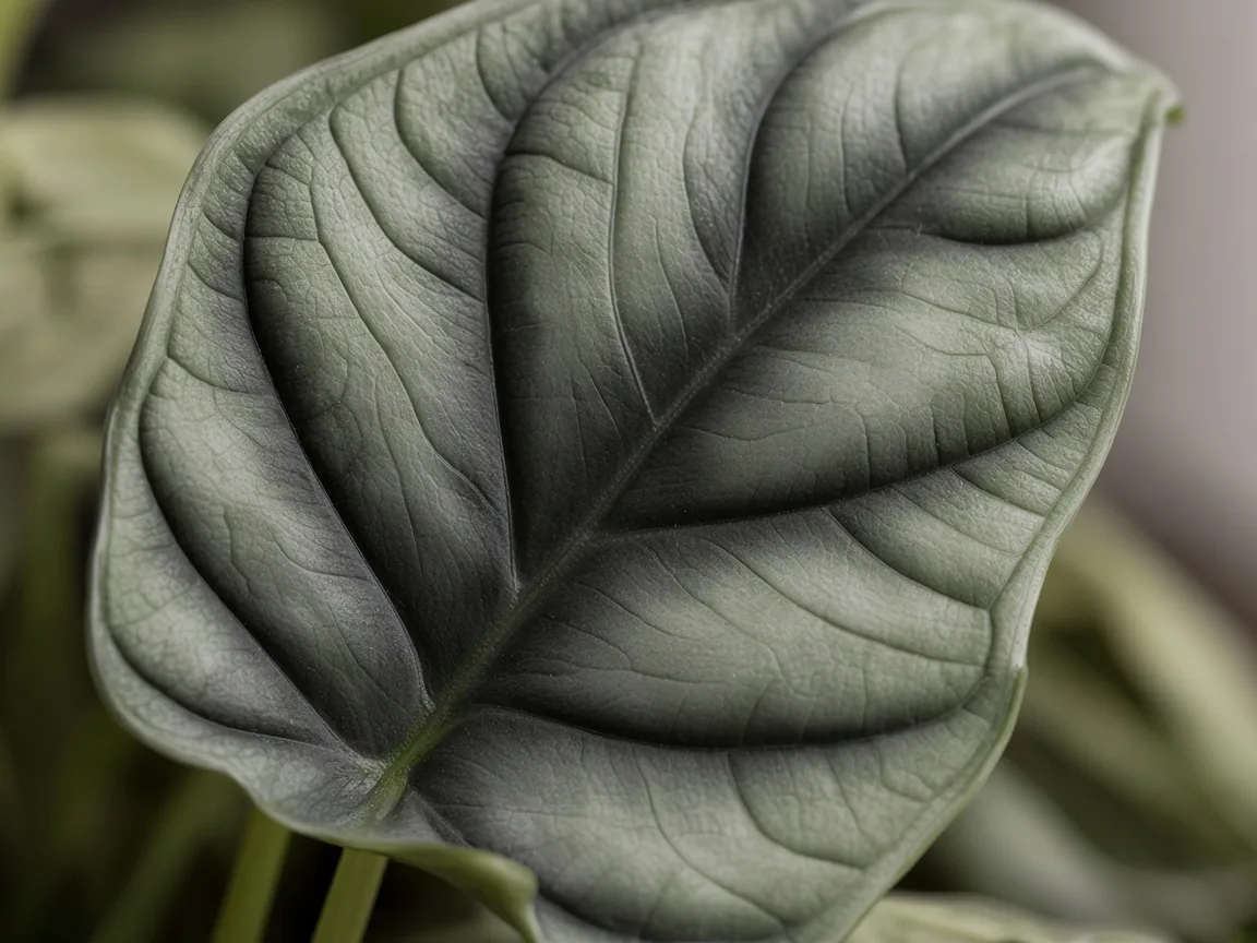 Close-up of curling leaves on Alocasia Dragon Scale - diagnostic detail