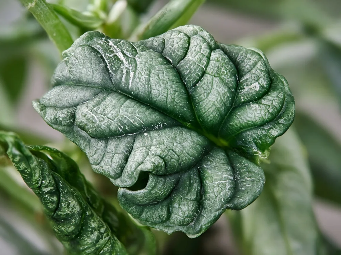 Close-up of distorted leaves on Alocasia Dragon Scale - twisted puckered scaled blade with silver ridge scarring