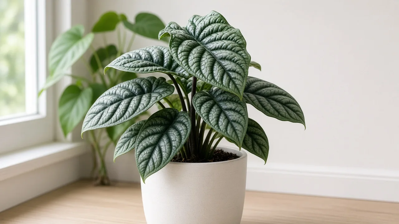 Distorted Leaves on Alocasia Dragon Scale - twisted thick silver-green scaled foliage with dark emerald veins