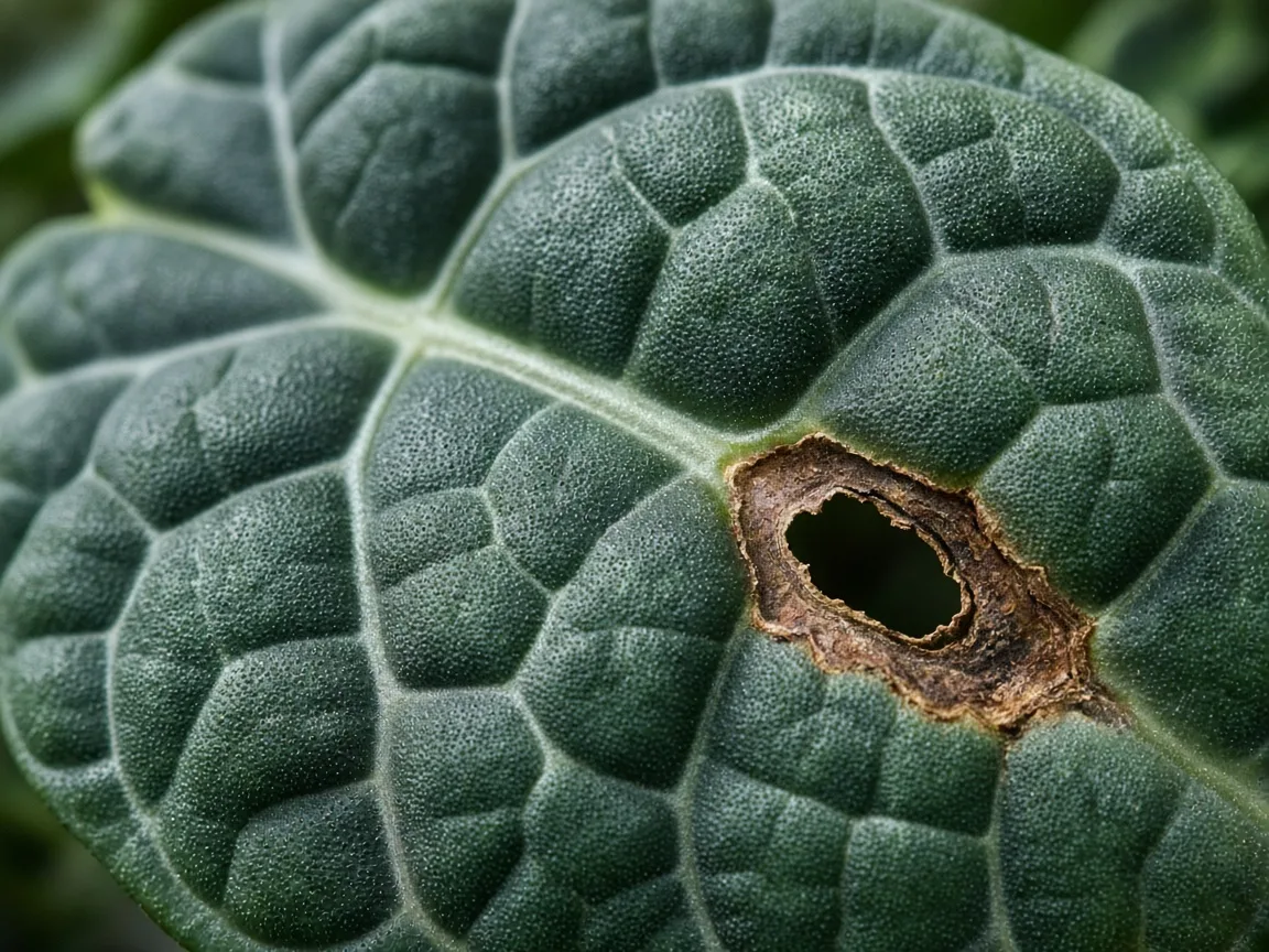 Close-up of holes in leaves on Alocasia Dragon Scale - irregular gap in quilted green blade with brown dry rim