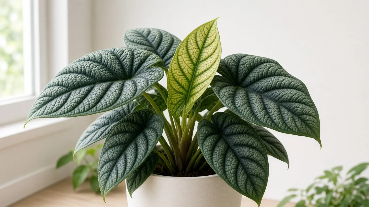 Iron deficiency on Alocasia Dragon Scale - pale new spear leaf with dark green veins above quilted older foliage