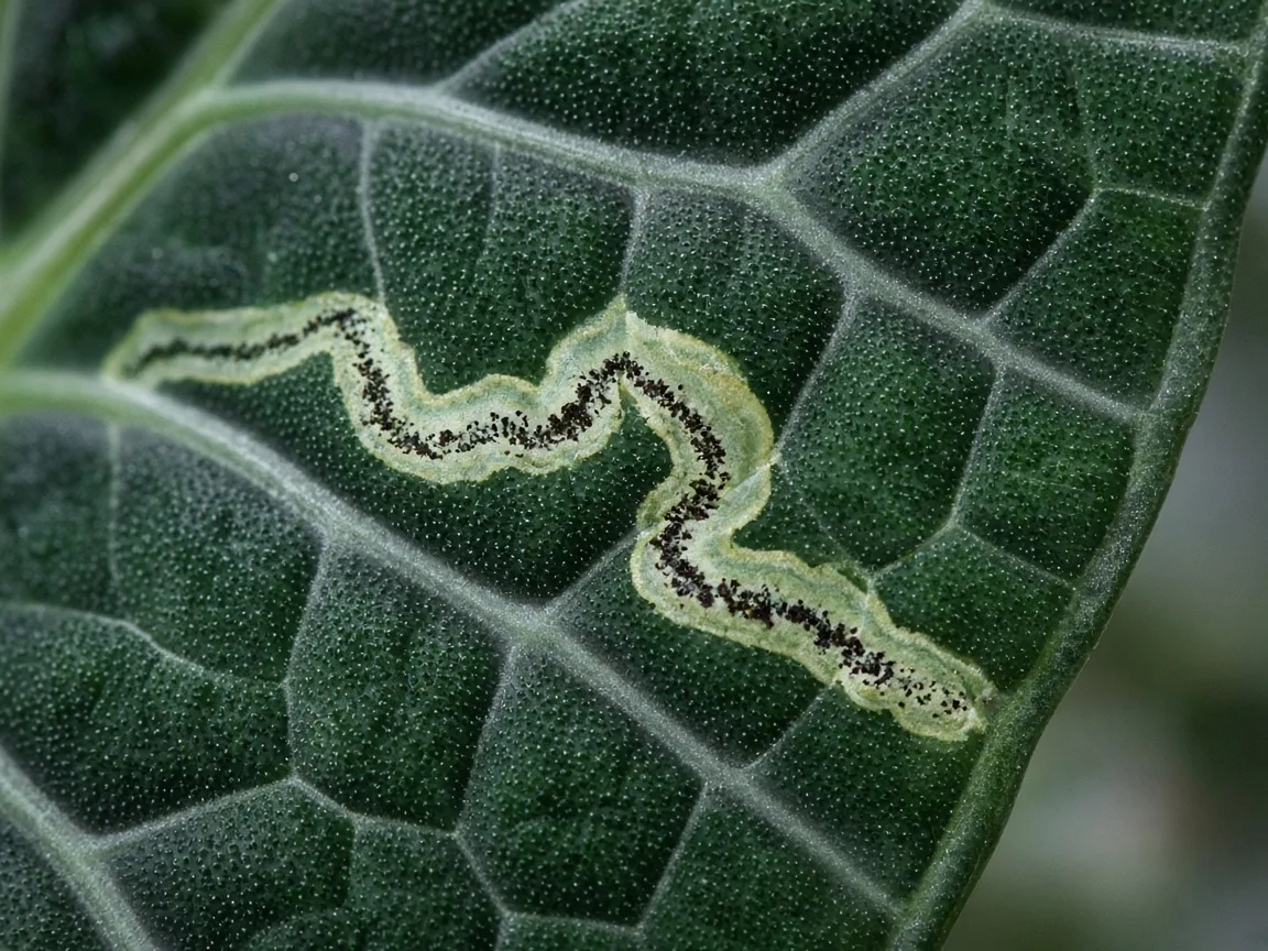 Close-up of leaf miners on Alocasia Dragon Scale - pale serpentine tunnel visible on thick textured dark green leaf with silvery veining