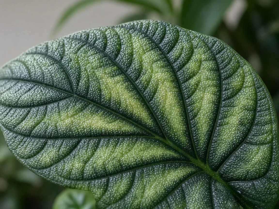 Close-up of interveinal chlorosis on older Dragon Scale quilted leaf