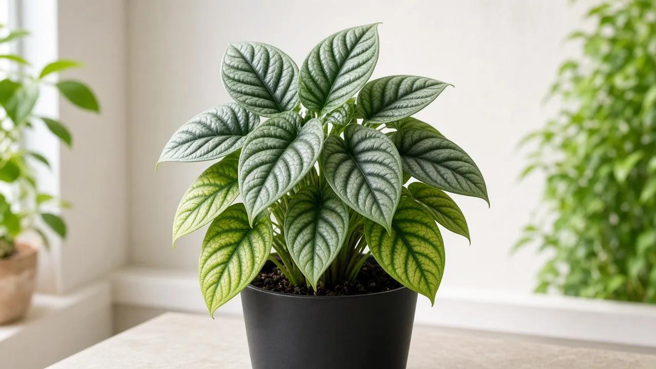 Magnesium deficiency on Alocasia Dragon Scale - yellow between dark green veins on older quilted leaf