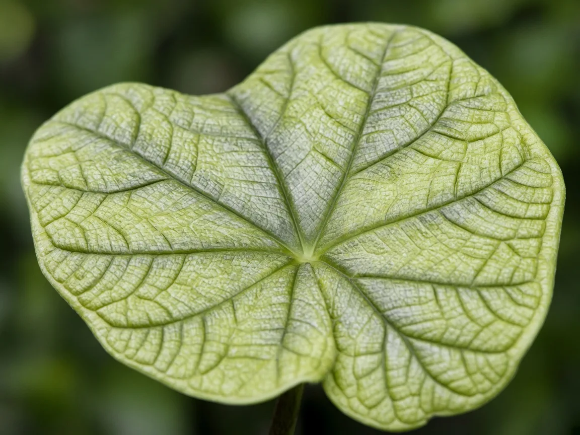 Close-up of nitrogen deficiency on Alocasia Dragon Scale - faded scaling on lower quilted leaf