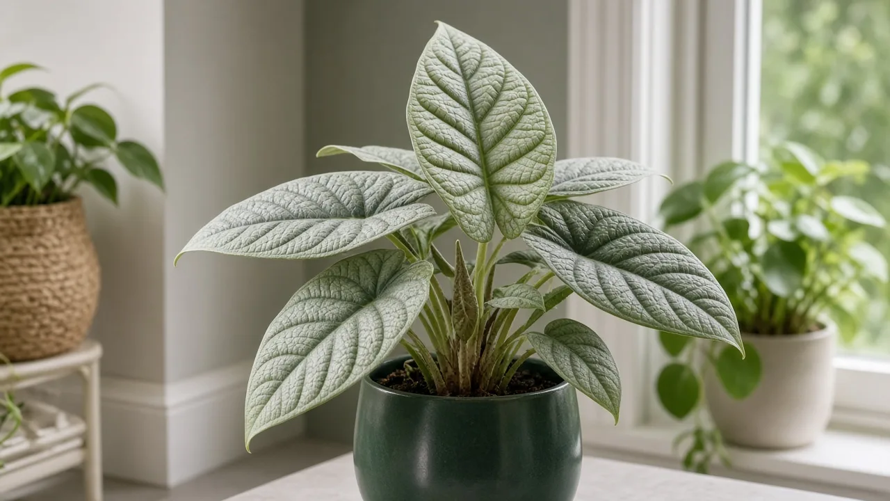 Pale Leaves on Alocasia Dragon Scale - washed-out silver-scaled foliage with faded embossed texture