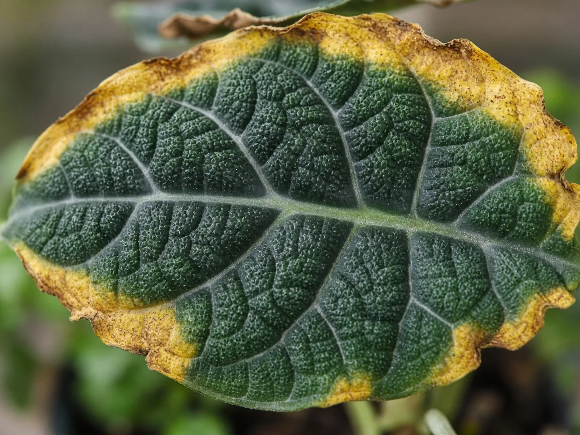 Close-up of yellow-tan scorch along the outer margin of an older Alocasia Dragon Scale quilted scale-textured leaf with silvery venation still visible in the dark interior tissue