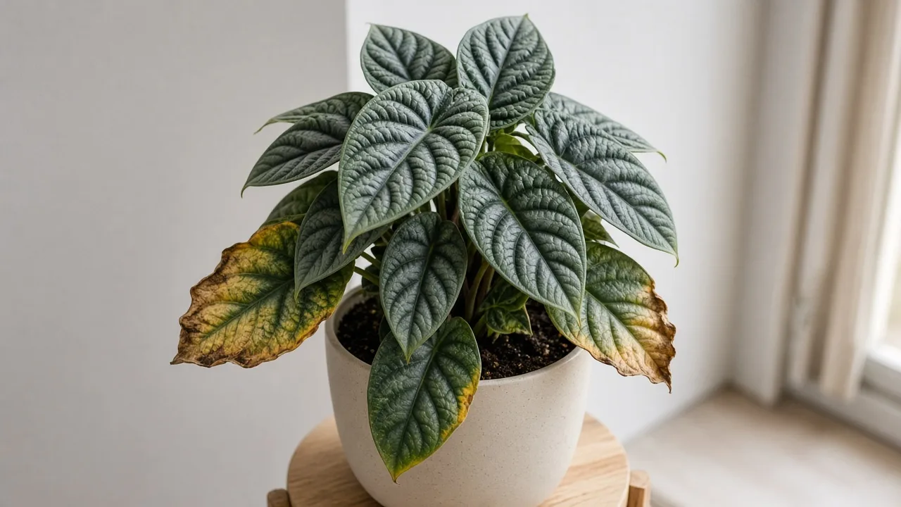 Potassium deficiency on Alocasia Dragon Scale - scorched margins on older lower quilted scale-textured leaves with silvery venation