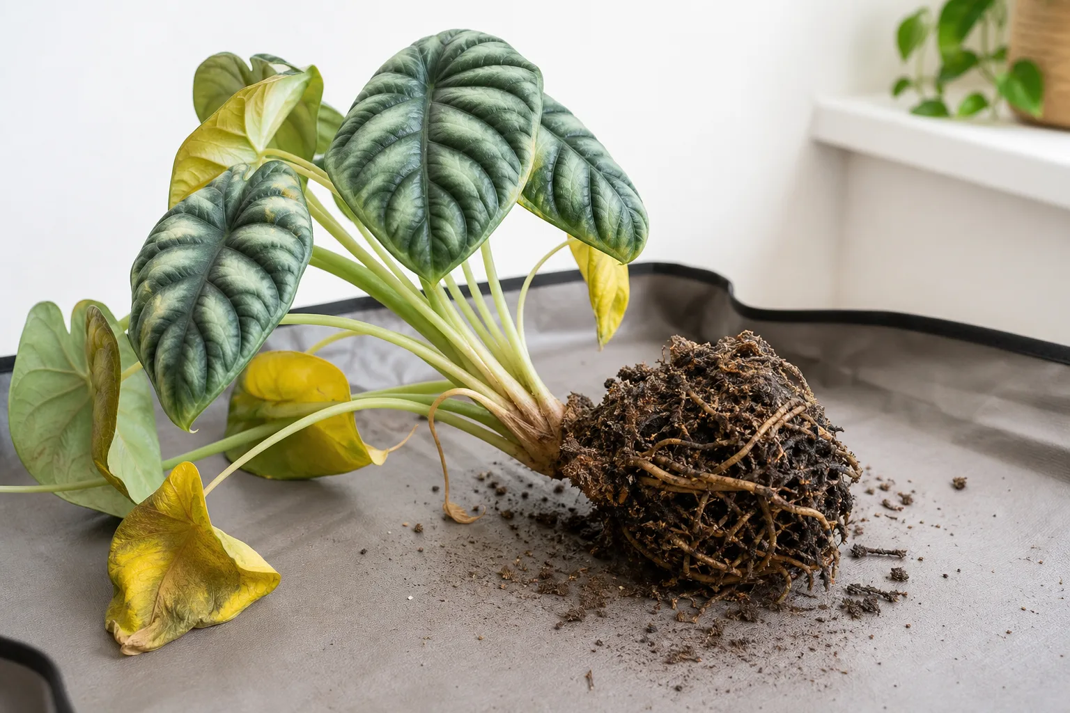 Root Rot on Alocasia Dragon Scale - visible symptom on the plant