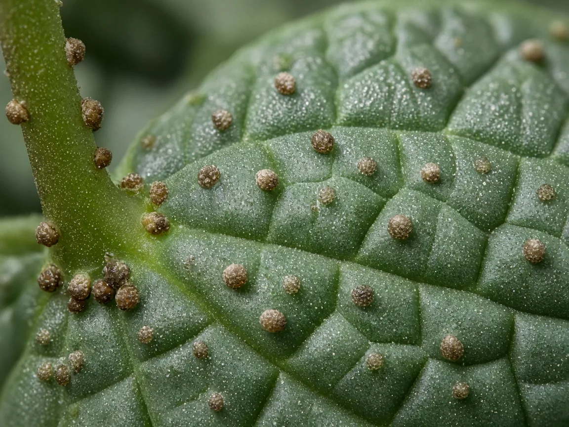 Close-up of scale insects on Alocasia Dragon Scale - tan bumps on petiole at ridged bullate leaf underside