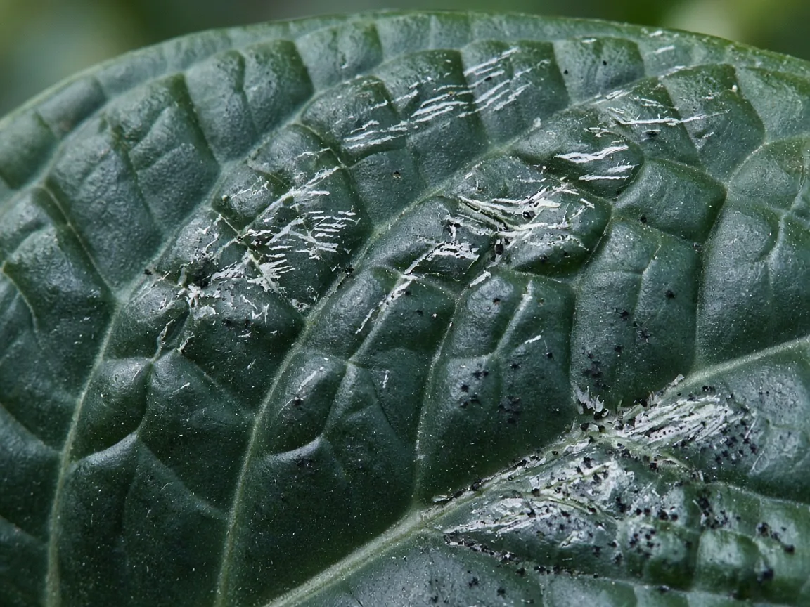 Close-up of thrips damage on Alocasia Dragon Scale - silvery scrape scars and black frass specks on bullate dark green leaf