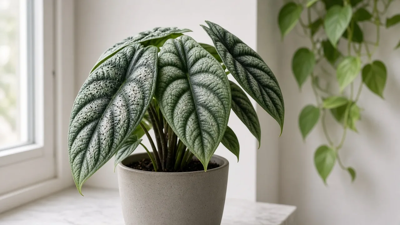 Thrips on Alocasia Dragon Scale - silvery scarring on dark bullate textured leaves