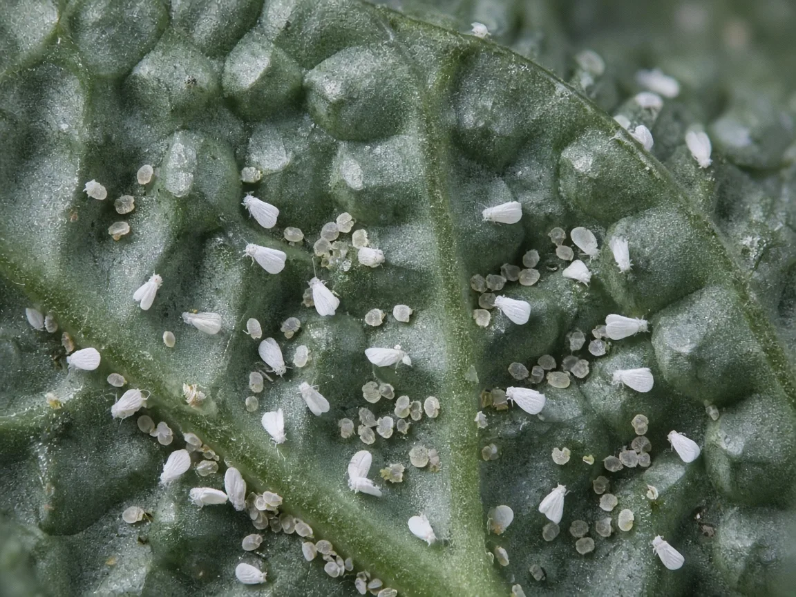 Close-up of tiny white adult whiteflies and pale nymphs on the ridged underside of an Alocasia Dragon Scale leaf