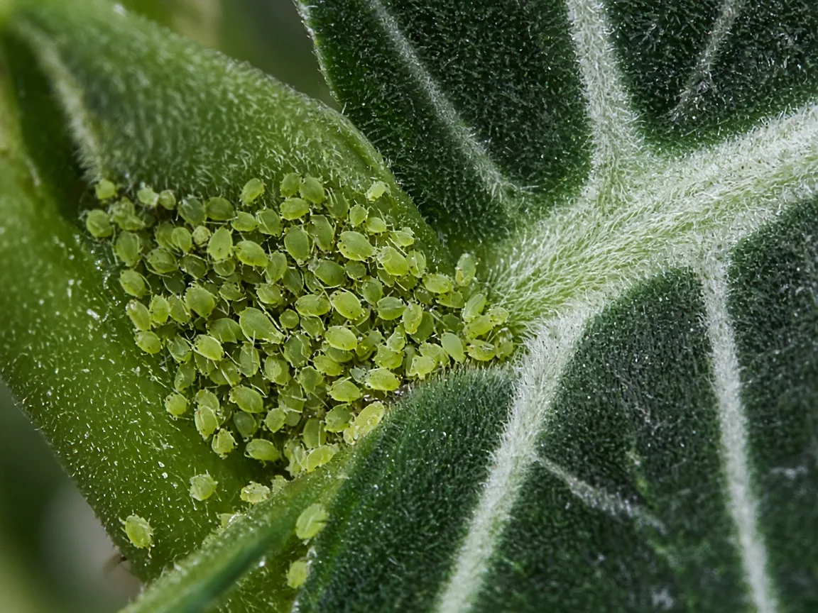 Close-up of soft green aphids clustered on a new velvet arrow leaf at the Alocasia Frydek petiole base