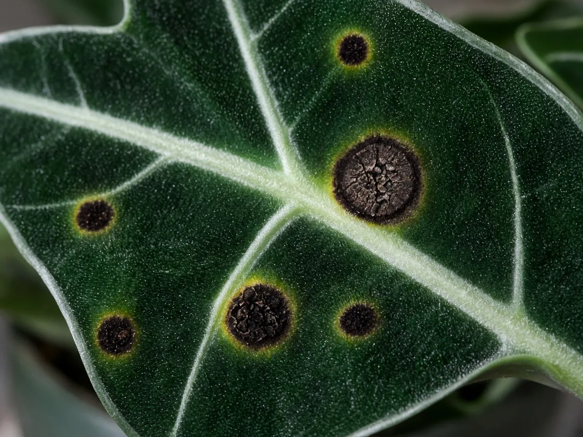 Close-up of black spots on Alocasia Frydek velvet leaves