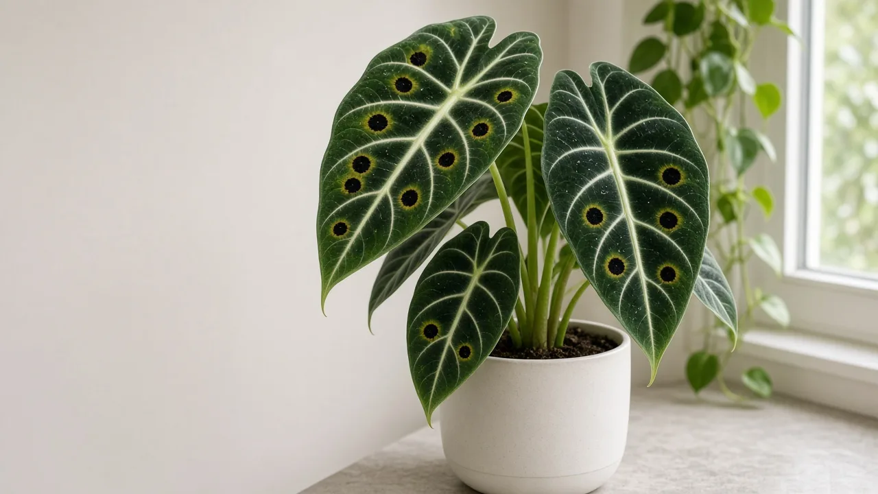 Black Spots on Alocasia Frydek - dark lesions on dark green velvet arrow leaves with white veins