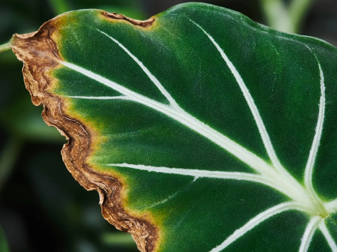 Close-up of brown leaf damage on Alocasia Frydek velvet foliage