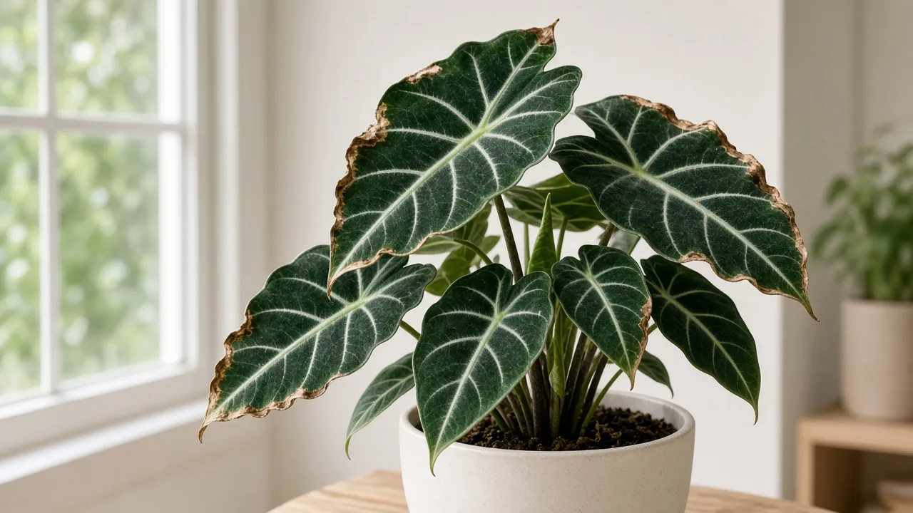 Brown Leaves on Alocasia Frydek - crispy brown margins on dark green velvet foliage