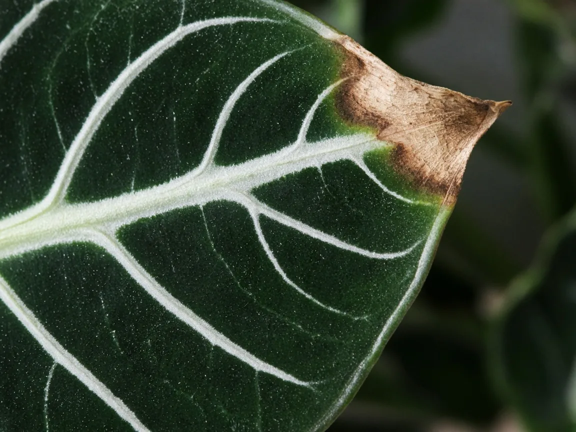Close-up of brown tips on Alocasia Frydek - diagnostic detail