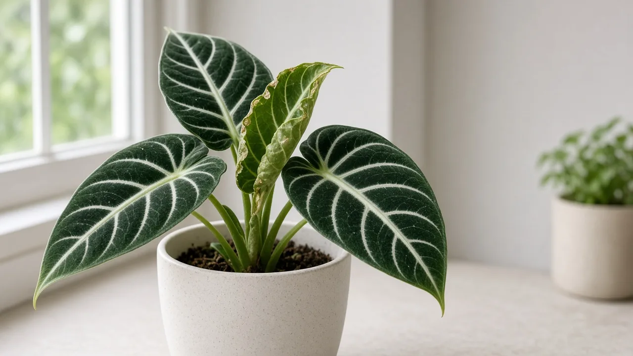 Calcium deficiency on Alocasia Frydek - cupped margin on newest unfurling velvet arrow spear with older white-veined leaves below still normal